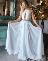 Nuova Personalizza Bianco Prom Dresses A-Line Halter Beaded Chiffon Backless Party Maxys Abiti da sera Abiti da sera Robe de Soiree Long Prom Gown