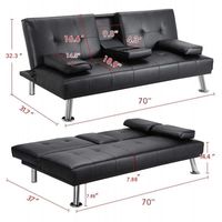 Black Convertible Sofa Bed with Armrest / 2 Cup Holders/Linen Fabric/Metal Legs Recliner Couch Home Furniture EASY ASSEMBLY W36814055