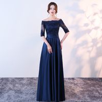 Marine-Blau-Boot-Ausschnitt-Spitze-Satin-Fußboden-Länge Brautjungfernkleider 2021 Halbarm formale Partei-Kleid vestido de fiesta de boda