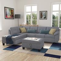 US Stock, TREXM Sectional Sofa Set with Chaise Lounge and Storage Ottoman Nail Head Detail Grey Home Living Room Furniture ST000004AAE