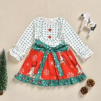 Noel Kız Giydirme Geyik Elbise Dalga Noktası Kırmızı Ve Yeşil Kontrast Düğmesi Güzel Bow Elbise Toptan Avrupa Ve Amerika yazdır