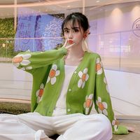 Frauen-koreanische Art-Blumendruck V-Ausschnitt gestrickte Cardigans Weibliche beiläufige Maxi-All-Gleiches Strickjacke-One Size T200820
