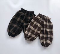Fm coreano qualidade ins outono crianças meninos meninos calças calças xadrez de linho algodão inverno elástico mola mola unisex crianças meninas