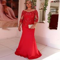 2022 Zarif Kırmızı Anne Gelin Elbiseler Uzun Kollu Illusion Boyun Aplikler Dantel Boncuklu Parlak Artı Boyutu Mermaid Düğün Konuk Elbise Balo Akşam Giyim