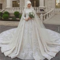 Luxus Muslim Brautkleider hohe Ansatz Spitze mit langen Ärmeln Pailletten Perlen Applizierte Brautkleid mit Schleier nach Maß Vestidos De Novia