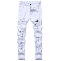 Mens White Black Distressed Holes Skinny Jeans Full Length D...