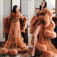 Kadın Faux Kürk Robe Kimono Hamile Parti Pijama Kadınlar Seksi Bölünmüş Bornoz Sheer Nightgown Balo Nedime Shawel 2021