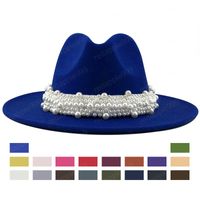 Sombrero de ala de la cinta de la perla con nuevos hombres de las mujeres de lana Caballero Señora elegante otoño invierno ala ancha Iglesia Panamá Sombrero Caps Jazz