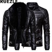 Casaco Men Biker Leather Jacket Fur Collar Detachable Faux L...