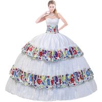 Schöne Sweetheart Spitze und mehrfarbige Stickerei Quinceanera Kleid Prinzessin Weiße natürliche Taille Bodenlangen Tiered Rock