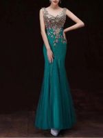 Lace Evening Dress Mermaid Sleeveless Tulle Formal Dress Double V-neck Robe Floor-length Party Prom Gown Elegant Women
