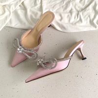 Zapatillas de arco de satén de la noche de la mejor calidad 6.5cm adornos de cristal zapatos de diamantes de imitación tacones de carrete sandalias para mujer zapato de fábrica de diseñador