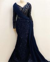 Afrikanische lange Ärmel Spitze Meerjungfrau Abendkleider 2022 ASO EBI Langärmeln Falten Falten Navy Blue Prom Gowns Robe de Soiree