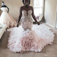 Sweetheart Blush Pink African Plus Size Mermaid Wedding Dresses Cathedral Train Beads Crystals Appliqued Organza Tiered Skirts Trumpet Bridal Gowns