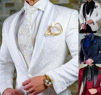 Мужские костюмы Blazers 2021 пользовательские размеры Жаккардовые жениха Белый Жених Смокинги Шаль Отвораживает Мужчины Свадебные Пром Человек Блейзер Куртка с Брюками