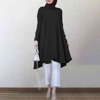Womens Muslim Blouse Autumn Asymmetrical Shirts Casual Retro Long Sleeve Turkish Shirts Solid Color Islam Clothing Robe