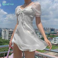 2021 Fashion Women Summer Sundress Harajuku Korean Style Sexy Fairy White Mini Dress Casual Cute Kawaii Clothes G1223