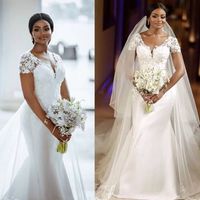 Árabe Aso Ebi Sereia vestidos de noiva com trem destacável 2021 laço mancha v-pescoço Princesa noiva vestido branco vestidos
