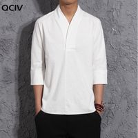 Летний синий / белый / черный кимоно хлопчатобумажная льняная рубашка мужчины китайский стиль ретро V-образным вырезом льняной блузки тонкой винтажной футболки 1022