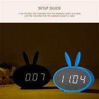 US stock Cartoon Bunny Ears LED Wooden Digital Alarm Clock Voice Control Thermometer Display Blue a02