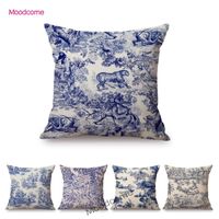 Cojín/almohada decorativa tradicional clásico francés toile de jouy patrón de diseño de motivo azul marino azul elegante retro decoración del hogar cojín