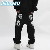 Jeans ile Baskı Baggy Adam Trendyol Erkekler İskelet Pantolon Y2K Hip Hop Siyah Vintage Streetwear erkek Denim Kadınlar 220308