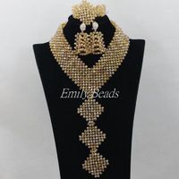 Earrings & Necklace 2021 Champagne Gold Nigerian Crystal Beads Bridal Necklaces Jewelry Set Costume African Wedding AIJ037