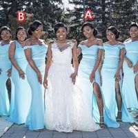 2021 Goedkope Baby Sky Blue Bridesmeisje Jurken Plus Size Off The Shoulder Side Slit Satin Mermaid Lange Prom Jurken Bruiloft Gastkleding