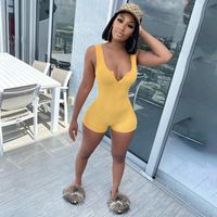 Women's Jumpsuits & Rompers 2022 Summer Ribbed Knitted Striped Solid JumpsuitsWomen Sexy V-neck Sleevless Bodycon Playsuit Night Clubwear St