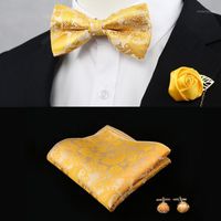 Bow krawaty Paisley Kwiatowy żółty Wstępnie Związany Złoty Tuxedo Krawat Zestaw Dla Mężczyzn 100% Silk Handkerchieves Regulowany Moda Casual Party Wedding1