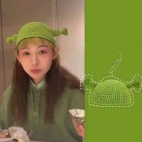 Lunadolphin vrouwen cartoon monster groene antenne hoed vreemd partij game hoeden nieuwigheid kinderen warme handgemaakte gebreide aldult cap