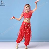 Çocuk Oryantal Dans Üst Kemer Peçe Pantolon Kolye Kostüm Seti Bollywood Dans Çocuklar Şifon Para Performansı1