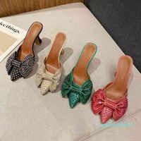 2022 Women Pumps Luxury Rhinestone High Heels Elegant Pointed Toe Bow Sandals Slippers Party Wedding Shoes