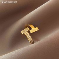 Shangzhihua clásico letra simple T Luxury Zircon Abra el anillo ajustable abierto para las mujeres Regalo de joyería de fiesta inusual