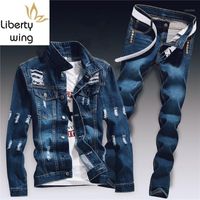 Spring Mens Denim Two Piece Set Hole Ripped Slim Fit Jacket ...