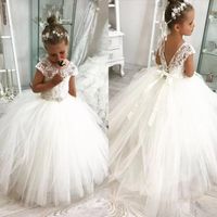 White Flower Girl Dresses 2022 Western Garden Weddings Sheer Cap Sleeve Appliqued with Lace-up Back Toddler Kids Birthday Dress