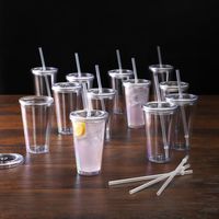 Garrafas de água acrílicas da tampa plana plástica plástica 16oz com copos de beber transparentes reutilizantes da palha das tampas