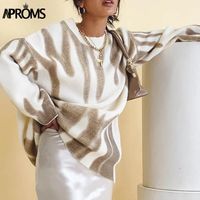 Kadın Kazak Aproms Kore Moda Haki Çizgili Baskı Gevşek Kadın Kış Kalça Boyu Uzun Kazaklar Streetwear Giyim 2021