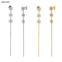 ANDYWEN 925 Sterling Silver Three Flower Long Chain Drop Earring Line Crystal Long Line Rock Punk Jewelry For Women Party 220121
