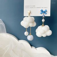 Dangle & Chandelier VSnow Korean Fashion White Clouds Spray Blue Bowknot Pearl Earring For Women Cotton Plush Star Asymmetric Jewelry