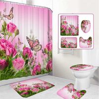 Flower Butterfly Printed Shower Curtains Bathroom Curtain Pink Rose Bathroom Set Toilet Seat Cover Rugs Non-slip Bath Mat 220117
