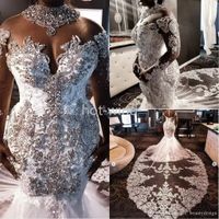Lujo 2022 Cuello alto Sudafricano Sirena Vestidos de novia Cristales de encaje Beading Mangas largas Vestido nupcial Cuello alto Talla grande Vestíodos EE