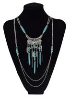 Retro Bohemian Multilevel med turkos hjärta Hängsmycke Mode Charm Smycken Halsband för kvinnor Mode Smycken