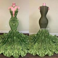 2022 Sparkly Paillettes Oliva Verde Mermaid African Prom Dresses Black Girls Long Laurea Dress Plus Size Formale Abiti da sera BC11328
