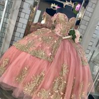 Sparkly Prinzessin Quinceanera Kleider mit goldenen Applikationen Blumen Kristall Perlen Sweet 15 16 Kleid Vestidos de XV Años Luxus