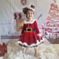 6M-4T Toddler Kids Baby Girls Christmas Outfit Long Sleeve Red Velvet Princess Fur Dress with Belt Children Santa Xmas Gifts 220209