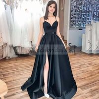Black Satin Side Split Long Prom Dresses 2022 Spaghetti Stra...