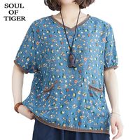 Frauen Blusen Shirts Seele von Tiger 2022 Mode chinesische Stil Damen Sommer Kurzarm Damen Blumengedruckte Femlae Baumwolle Tops