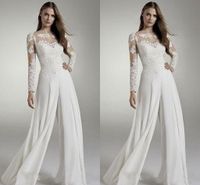 Yeni Tasarımcı Ucuz Dantel Düğün Tulumlar Uzun Kollu Jewel Sheer Boyun Hollow Geri Aplike Şifon Gelin Takım Elbise Düğün Resepsiyon Elbiseler