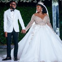 Lindo White Plus Size Wedding Vestidos Mulheres Africano frisada mangas compridas Cristal Sheer Jewel ver embora Top Bridal partido feito sob encomenda do vestido